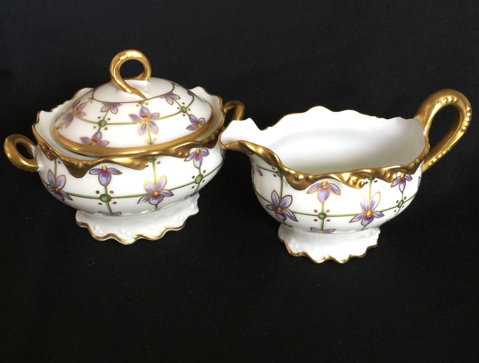Coiffe France Limoges Sugar Creamer Orchids Hand Painted Heavy Gold circa 1913