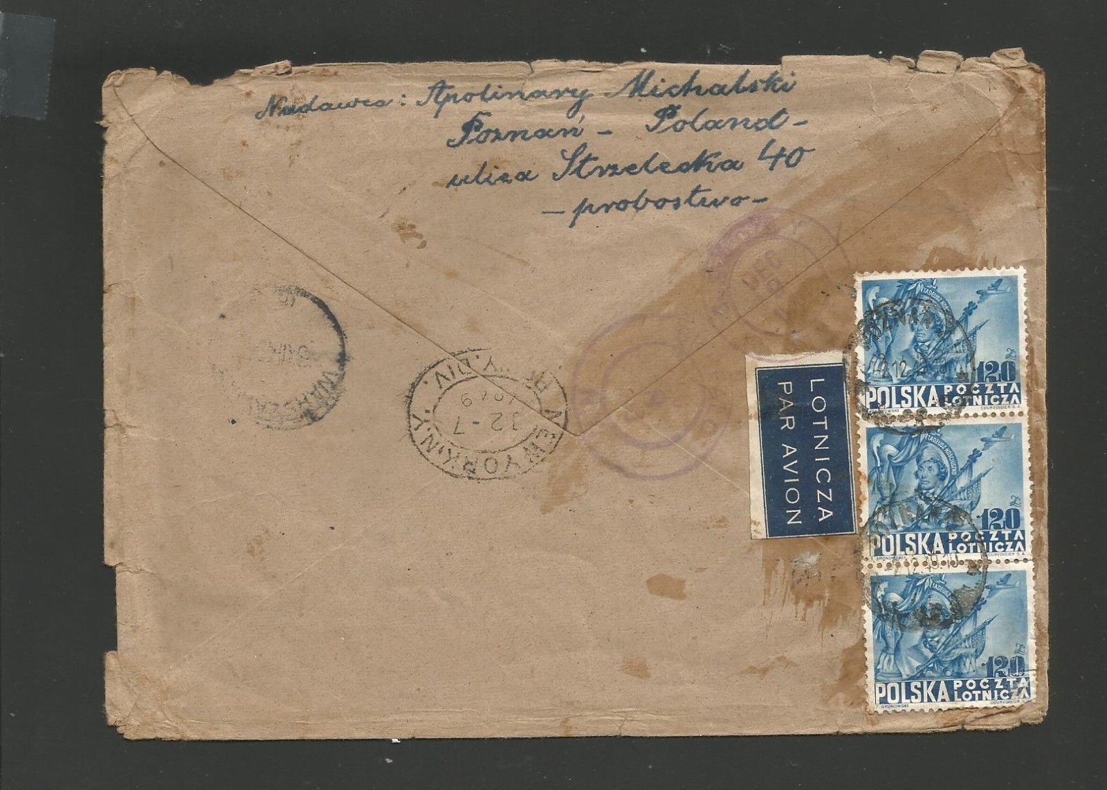 1948 POLAND REGISTERED  AIR COVER TO US - VALUABLE AIRMAIL STRIP OF 3 STAMPS