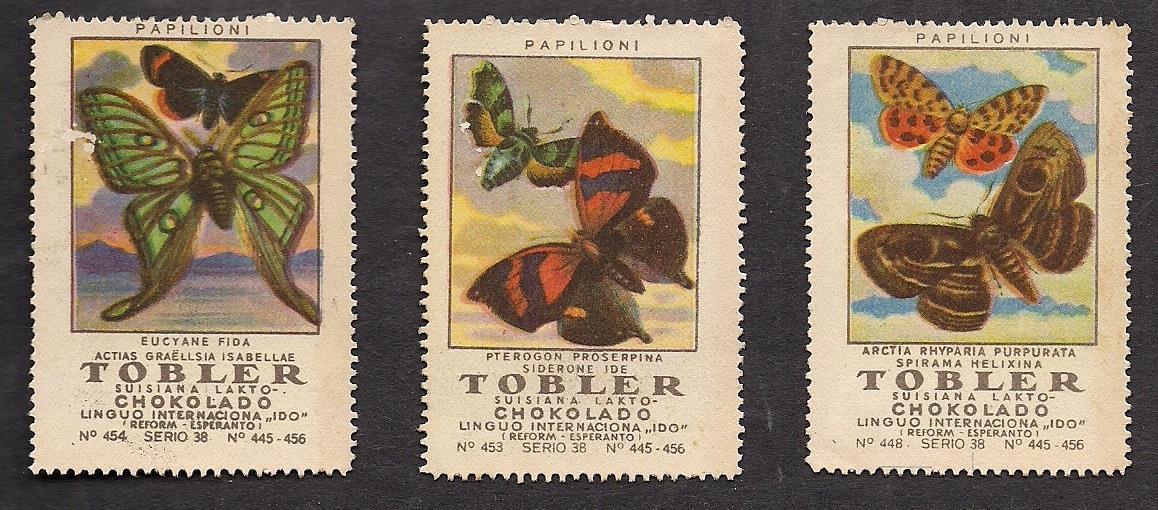 3 Poster Stamps c 1920~Butterfly & Moth series~Advertise Tobler Chocolate VG
