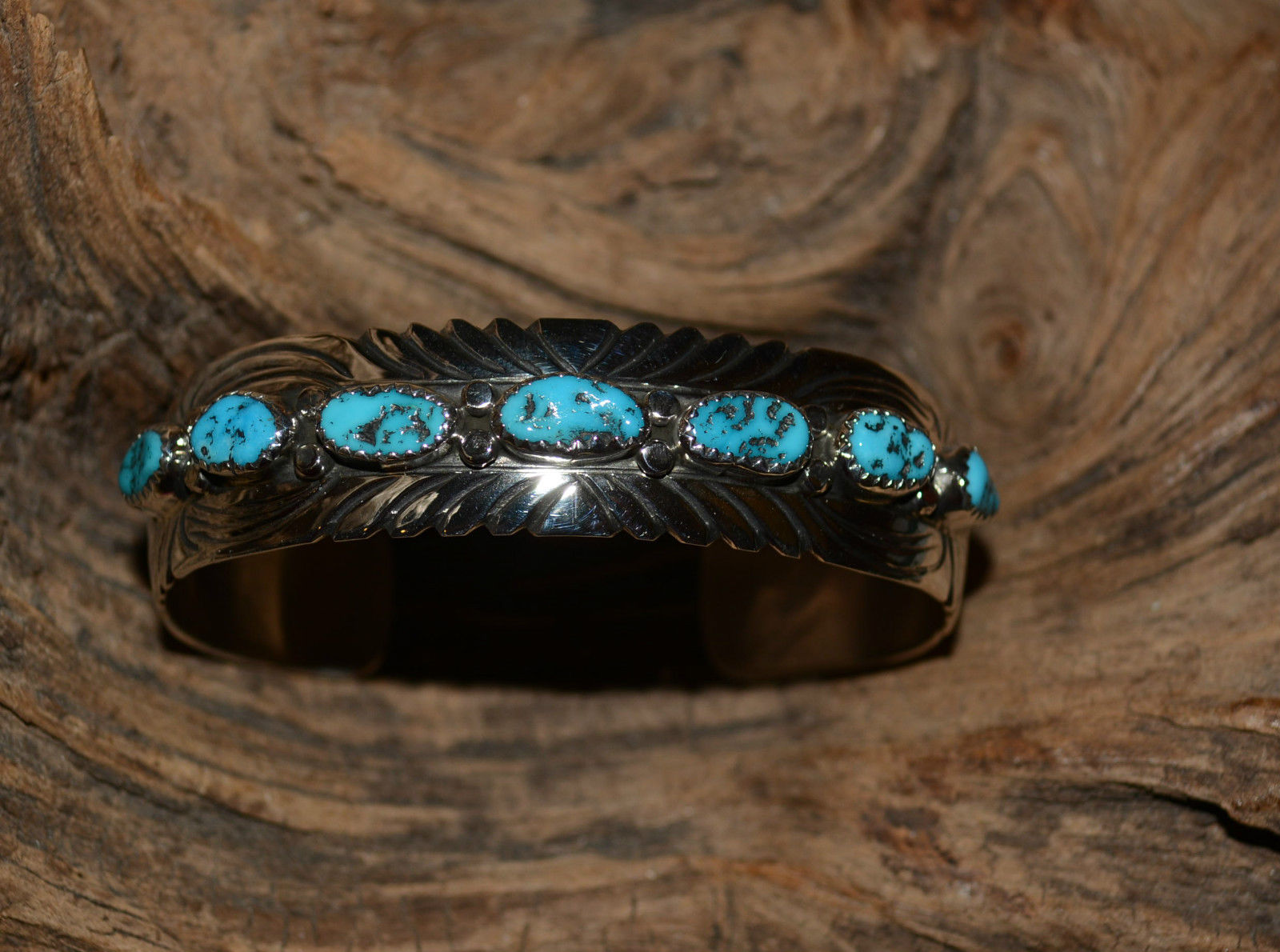 Bracelet Native American Turquoise Stones Sterling Silver Navajo Artist J Slinky